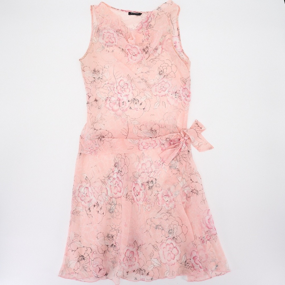 B. Smart Blush Pink Floral Sheer Mesh Midi Dress Cowl Neck Tie Sash